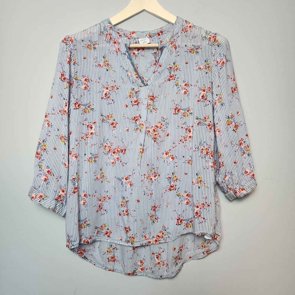 Bossini Floral Stripe Split Neck 3/4 Sleeve Blouse Blue White Red Size Small